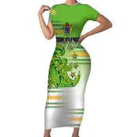 Personalised Cook Islands Va'a Race Short Sleeve Bodycon Dress Te Tatau Tattoos Sporty Style Green-White Color - Polynesian Pride