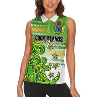 Personalised Cook Islands Va'a Race Women Sleeveless Polo Shirt Te Tatau Tattoos Sporty Style Green-White Color - Polynesian Pride