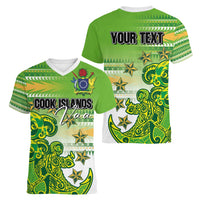 Personalised Cook Islands Va'a Race Women V-Neck T-Shirt Te Tatau Tattoos Sporty Style Green-White Color - Polynesian Pride