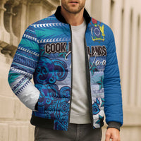 Personalised Cook Islands Va'a Race Bomber Puffer Jacket Te Tatau Tattoos Sporty Style Light Blue Color - Polynesian Pride