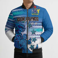 Personalised Cook Islands Va'a Race Bomber Puffer Jacket Te Tatau Tattoos Sporty Style Light Blue Color - Polynesian Pride