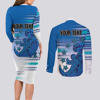 Personalised Cook Islands Va'a Race Couples Matching Long Sleeve Bodycon Dress and Long Sleeve Button Shirt Te Tatau Tattoos Sporty Style Light Blue Color - Polynesian Pride