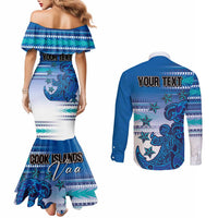 Personalised Cook Islands Va'a Race Couples Matching Mermaid Dress and Long Sleeve Button Shirt Te Tatau Tattoos Sporty Style Light Blue Color - Polynesian Pride