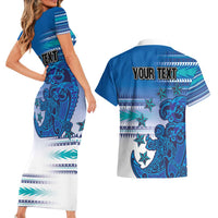 Personalised Cook Islands Va'a Race Couples Matching Short Sleeve Bodycon Dress and Hawaiian Shirt Te Tatau Tattoos Sporty Style Light Blue Color - Polynesian Pride