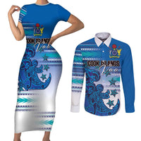 Personalised Cook Islands Va'a Race Couples Matching Short Sleeve Bodycon Dress and Long Sleeve Button Shirt Te Tatau Tattoos Sporty Style Light Blue Color - Polynesian Pride