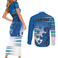 Personalised Cook Islands Va'a Race Couples Matching Short Sleeve Bodycon Dress and Long Sleeve Button Shirt Te Tatau Tattoos Sporty Style Light Blue Color - Polynesian Pride