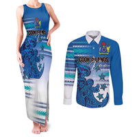 Personalised Cook Islands Va'a Race Couples Matching Tank Maxi Dress and Long Sleeve Button Shirt Te Tatau Tattoos Sporty Style Light Blue Color - Polynesian Pride
