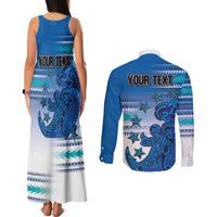 Personalised Cook Islands Va'a Race Couples Matching Tank Maxi Dress and Long Sleeve Button Shirt Te Tatau Tattoos Sporty Style Light Blue Color - Polynesian Pride