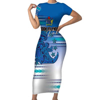 Personalised Cook Islands Va'a Race Family Matching Short Sleeve Bodycon Dress and Hawaiian Shirt Te Tatau Tattoos Sporty Style Light Blue Color - Polynesian Pride