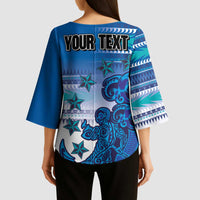 Personalised Cook Islands Va'a Race Kimono Sleeve Blouse Te Tatau Tattoos Sporty Style Light Blue Color - Polynesian Pride