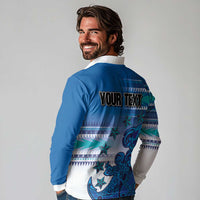 Personalised Cook Islands Va'a Race Long Sleeve Polo Shirt Te Tatau Tattoos Sporty Style Light Blue Color - Polynesian Pride