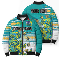 Personalised Cook Islands Va'a Race Bomber Puffer Jacket Te Tatau Tattoos Sporty Style Turquoise Color - Polynesian Pride