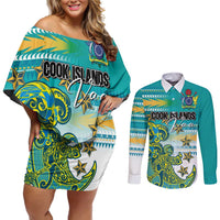 Personalised Cook Islands Va'a Race Couples Matching Off Shoulder Short Dress and Long Sleeve Button Shirt Te Tatau Tattoos Sporty Style Turquoise Color - Polynesian Pride