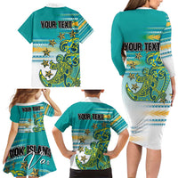 Personalised Cook Islands Va'a Race Family Matching Long Sleeve Bodycon Dress and Hawaiian Shirt Te Tatau Tattoos Sporty Style Turquoise Color - Polynesian Pride