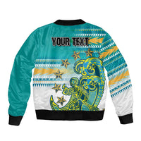 Personalised Cook Islands Va'a Race Sleeve Zip Bomber Jacket Te Tatau Tattoos Sporty Style Turquoise Color - Polynesian Pride