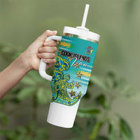 Personalised Cook Islands Va'a Race Tumbler With Handle Te Tatau Tattoos Sporty Style Turquoise Color - Polynesian Pride