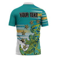 Personalised Cook Islands Va'a Race Zipper Polo Shirt Te Tatau Tattoos Sporty Style Turquoise Color - Polynesian Pride