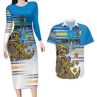 Personalised Cook Islands Va'a Race Couples Matching Long Sleeve Bodycon Dress and Hawaiian Shirt Te Tatau Tattoos Sporty Style Glory Blue Color - Polynesian Pride