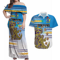 Personalised Cook Islands Va'a Race Couples Matching Off Shoulder Maxi Dress and Hawaiian Shirt Te Tatau Tattoos Sporty Style Glory Blue Color - Polynesian Pride