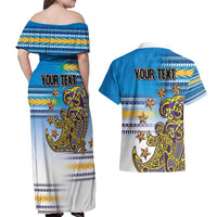 Personalised Cook Islands Va'a Race Couples Matching Off Shoulder Maxi Dress and Hawaiian Shirt Te Tatau Tattoos Sporty Style Glory Blue Color - Polynesian Pride