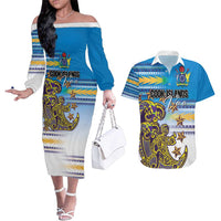 Personalised Cook Islands Va'a Race Couples Matching Off The Shoulder Long Sleeve Dress and Hawaiian Shirt Te Tatau Tattoos Sporty Style Glory Blue Color - Polynesian Pride