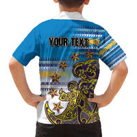 Personalised Cook Islands Va'a Race Family Matching Off The Shoulder Long Sleeve Dress and Hawaiian Shirt Te Tatau Tattoos Sporty Style Glory Blue Color - Polynesian Pride