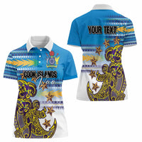 Personalised Cook Islands Va'a Race Women Polo Shirt Te Tatau Tattoos Sporty Style Glory Blue Color - Polynesian Pride