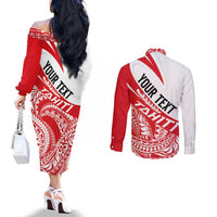 Personalised Tahiti Va'a Race Couples Matching Off The Shoulder Long Sleeve Dress and Long Sleeve Button Shirt Polynesian Tattoos Sporty Style - Polynesian Pride