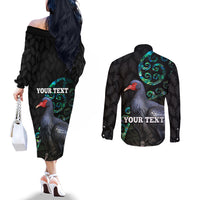 Custom Pukeko New Zealand Couples Matching Off The Shoulder Long Sleeve Dress and Long Sleeve Button Shirt Koru Papua Shell with Silver Fern Pattern LT03 - Polynesian Pride