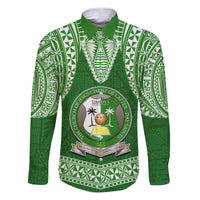Tonga Liahona High School Family Matching Puletasi Dress and Hawaiian Shirt Traditional Ngatu and Polynesian Pattern LT03 Dad's Shirt - Long Sleeve Green - Polynesian Pride