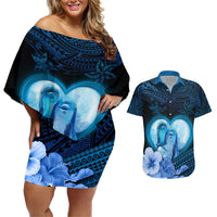 Dolphin Couple Love Story Valentine Day Couples Matching Off Shoulder Short Dress and Hawaiian Shirt With Polynesian Tribal Tattoo Blue Style LT03 Blue - Polynesian Pride