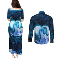 Dolphin Couple Love Story Valentine Day Couples Matching Puletasi and Long Sleeve Button Shirt With Polynesian Tribal Tattoo Blue Style LT03 - Polynesian Pride