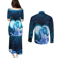 Dolphin Couple Love Story Valentine Day Couples Matching Puletasi and Long Sleeve Button Shirt With Polynesian Tribal Tattoo Blue Style LT03 - Polynesian Pride