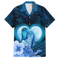 Dolphin Couple Love Story Valentine Day Family Matching Summer Maxi Dress and Hawaiian Shirt With Polynesian Tribal Tattoo Blue Style LT03 Dad's Shirt - Short Sleeve Blue - Polynesian Pride