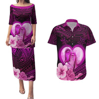 Dolphin Couple Love Story Valentine Day Couples Matching Puletasi and Hawaiian Shirt With Polynesian Tribal Tattoo Pink Style LT03 Pink - Polynesian Pride