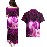 Dolphin Couple Love Story Valentine Day Couples Matching Puletasi and Hawaiian Shirt With Polynesian Tribal Tattoo Pink Style LT03 - Polynesian Pride