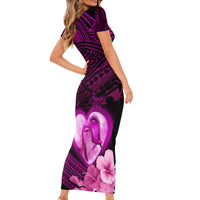 Dolphin Couple Love Story Valentine Day Short Sleeve Bodycon Dress With Polynesian Tribal Tattoo Pink Style LT03 - Polynesian Pride
