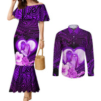 Dolphin Couple Love Story Valentine Day Couples Matching Mermaid Dress and Long Sleeve Button Shirt With Polynesian Tribal Tattoo Purple Style LT03 Purple - Polynesian Pride