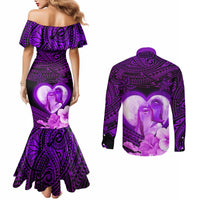 Dolphin Couple Love Story Valentine Day Couples Matching Mermaid Dress and Long Sleeve Button Shirt With Polynesian Tribal Tattoo Purple Style LT03 - Polynesian Pride