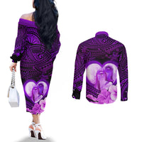 Dolphin Couple Love Story Valentine Day Couples Matching Off The Shoulder Long Sleeve Dress and Long Sleeve Button Shirt With Polynesian Tribal Tattoo Purple Style LT03 - Polynesian Pride
