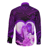 Dolphin Couple Love Story Valentine Day Long Sleeve Button Shirt With Polynesian Tribal Tattoo Purple Style LT03 - Polynesian Pride