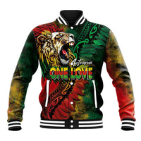 Aotearoa One Love Baseball Jacket Reggae Lion with Kakahu Huruhuru LT03 Unisex Black - Polynesian Pride