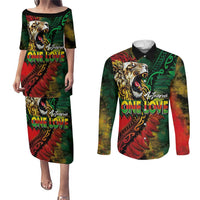 Aotearoa One Love Couples Matching Puletasi and Long Sleeve Button Shirt Reggae Lion with Kakahu Huruhuru LT03 Black - Polynesian Pride