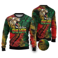 Aotearoa One Love Ugly Christmas Sweater Reggae Lion with Kakahu Huruhuru LT03 Black - Polynesian Pride
