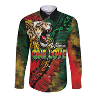 Aotearoa One Love Long Sleeve Button Shirt Reggae Lion with Kakahu Huruhuru LT03 Unisex Black - Polynesian Pride