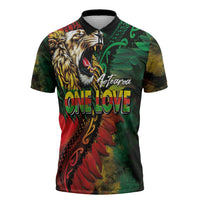 Aotearoa One Love Zipper Polo Shirt Reggae Lion with Kakahu Huruhuru LT03 Black - Polynesian Pride