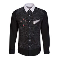 Custom Aotearoa Rugby Long Sleeve Button Shirt Fern Blacks-Traditional Maori Motifs Design LT03 Unisex Black - Polynesian Pride