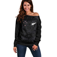 Custom Aotearoa Rugby Off Shoulder Sweater Fern Blacks-Traditional Maori Motifs Design LT03 Women Black - Polynesian Pride