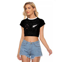 Custom Aotearoa Rugby Raglan Cropped T Shirt Fern Blacks-Traditional Maori Motifs Design LT03 Female Black - Polynesian Pride