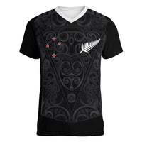 Custom Aotearoa Rugby Women V-Neck T-Shirt Fern Blacks-Traditional Maori Motifs Design